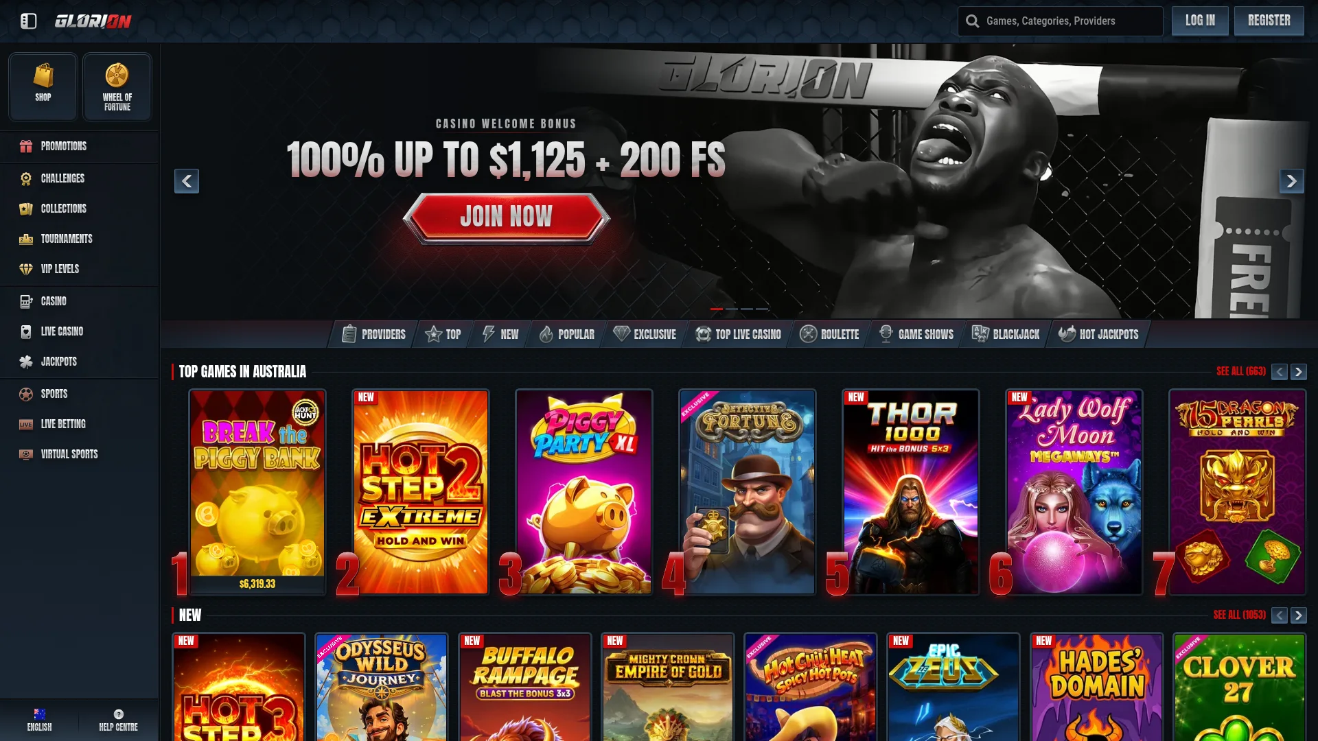 Glorion Casino desktop casino interface